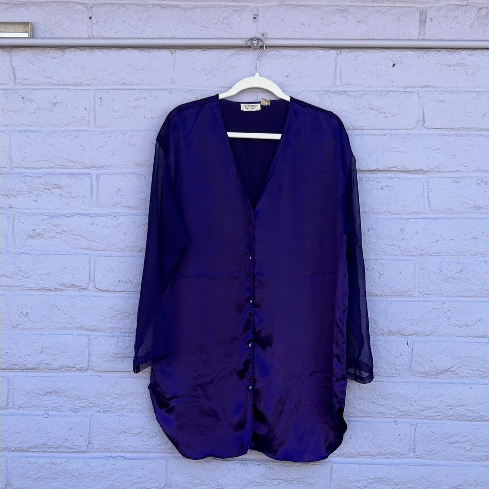 Vintage Victoria Secret Gold Label Purple Sheer Button-Up Sleep Shirt